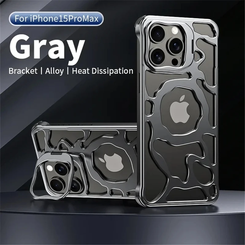 Metal Invisible Stand Case For iPhone 13 14 15 16 Pro Max Magnetic Aluminum Removable Heat Dissipation Armor Shockproof Cover