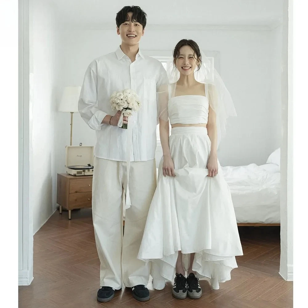 Simple A Line 2 Pieces Korean Wedding Dresses Pleats Taffeta Bridal Gowns Sleeveless Floor Length Sleeveless Customized