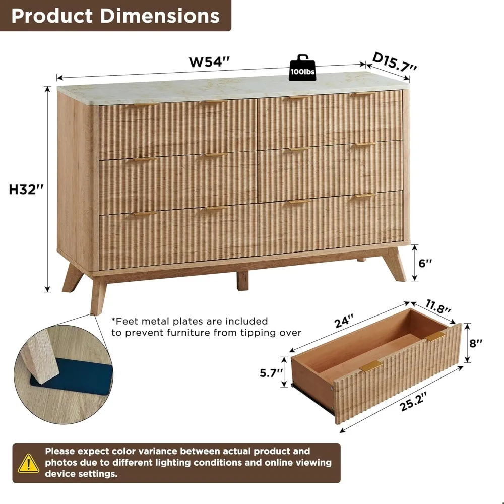 Cómoda de 6 cajones, cómoda moderna de 54" de ancho con tapa de mármol sintético, diseño de perfil curvo, mueble para TV, cajón de madera