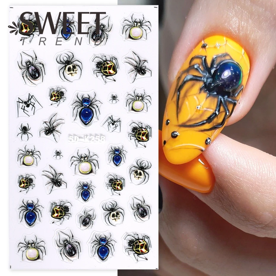 5D Centipede Gems Spider Nail Embossed Stickers Blood Vessel Eyeball Design Halloween Horror Style Manicure Charm Engraved Decal