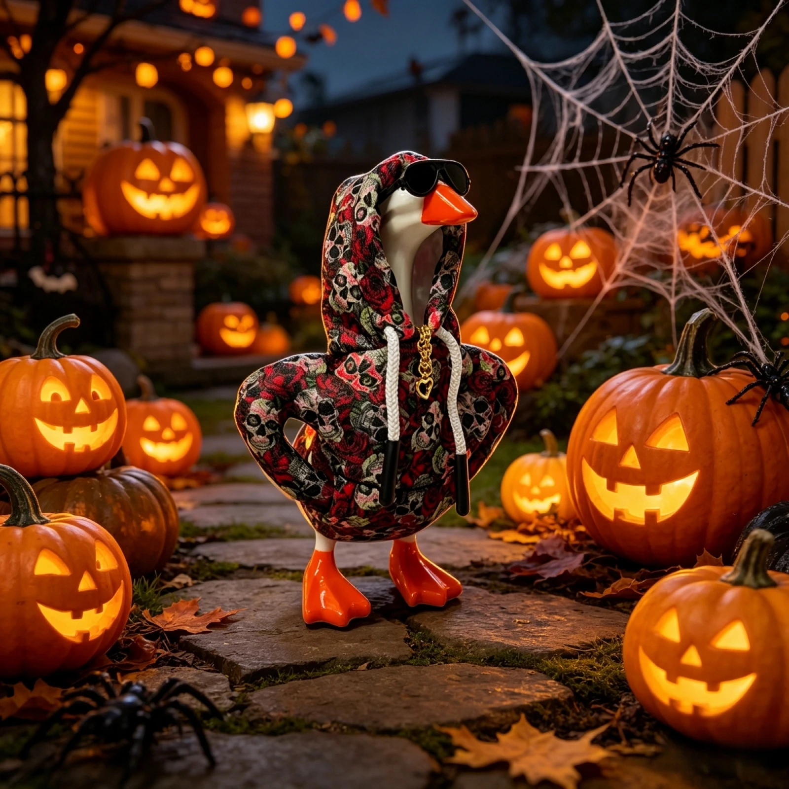 Disfraces de Halloween para Ganso de Escritorio, Set de 3 Piezas: Sudadera con Estampado de Calavera y Rosas, Collar y Gafas de Sol para Ganso Mini de 7 Pulgadas, Decoración Festiva