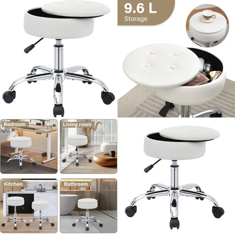 

Регулируемый поворотный стул для туалетного столика с местом для хранения и колесиками, белый табурет для макияжа