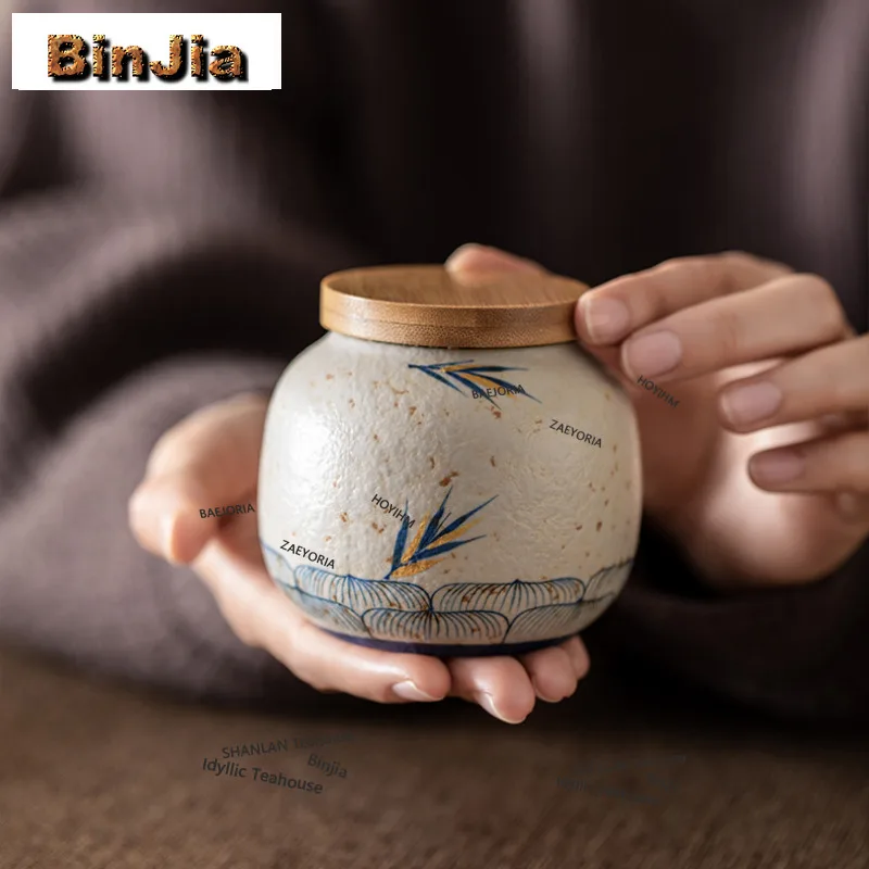 BAEJORIA Hand-painted Elegant Bamboo Tea Box Organizer Moisture-proof Aesthetic Storage Tank Containers Tea Caddy Tea Services