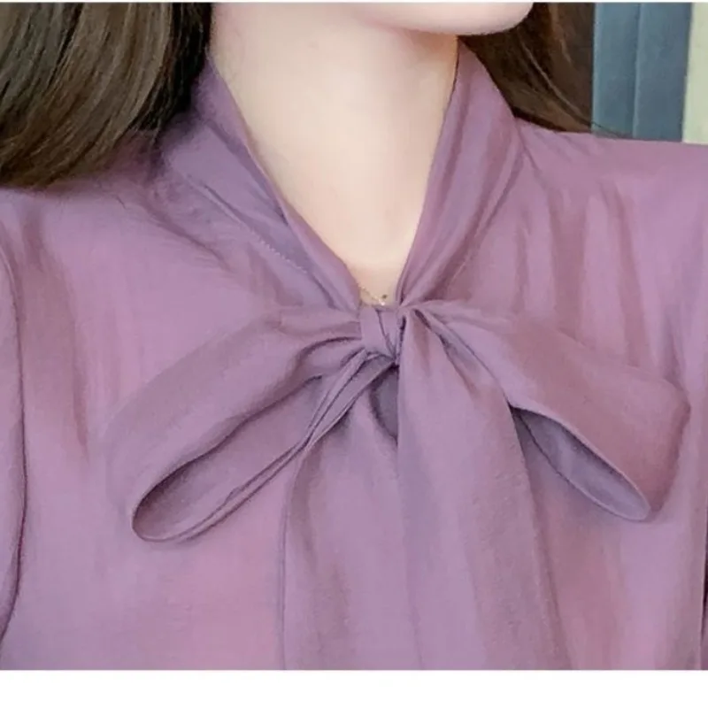 Autumn Women's 2024 New Patchwork V-neck Bow Button Fashion Solid Loose Comfortable All-match Lantern Sleeve Blouses Shirts