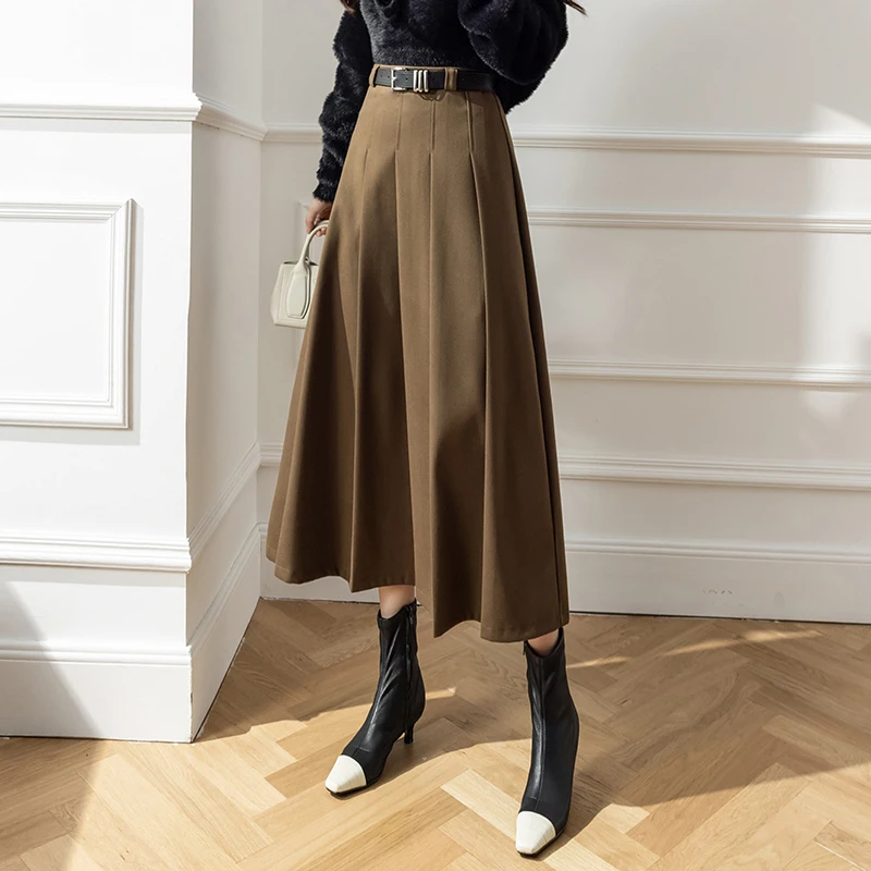 2025 Winter Woolen Pleated Skirt Woman Elegant Streetwear A-Line Maxi Long Skirts Vintage High Waist Office Black Women's Skirt