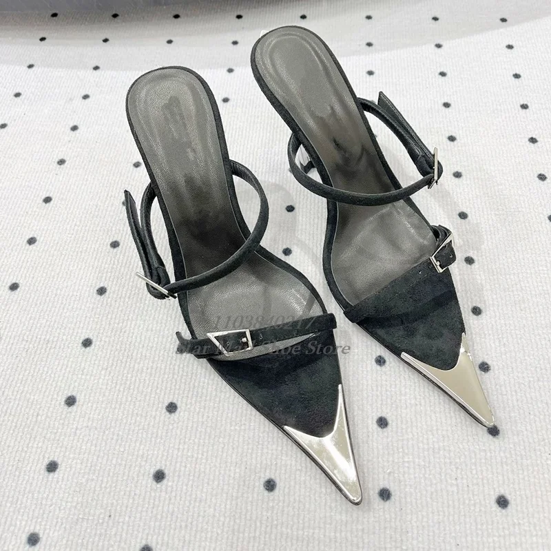 

Pointy Metal Toe Plate High Stilettos Slip On Design Leather Sole High Heel Slippers Summer Hot Chick Strange Style Slippers