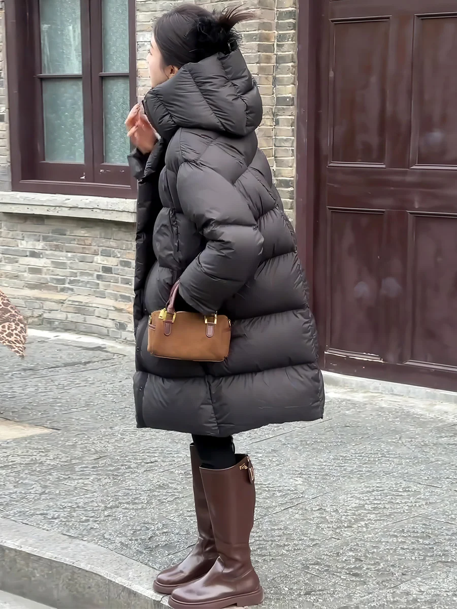 الكورية Sle فضفاضة المرأة منتصف طول مقنعين أسفل Jaet Bla شتاء دافئ جديد وصول الخبز معطف ملابس خارجية مريحة غير رسمية