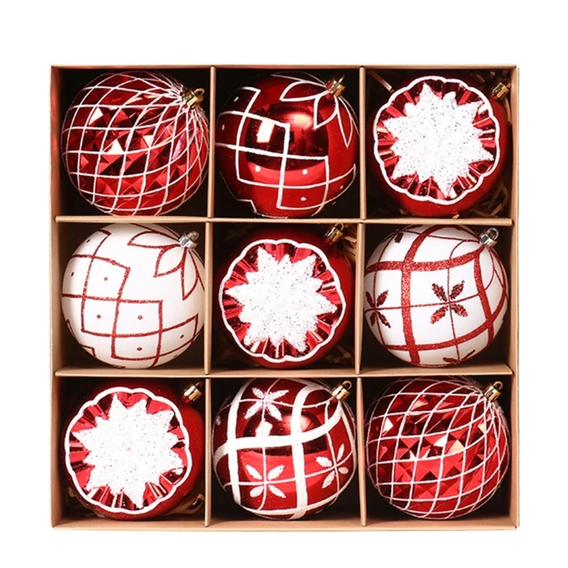 Pack Of 9 Christmas Tree Ornament 10cm Hand Painted Festival Balls Decoration