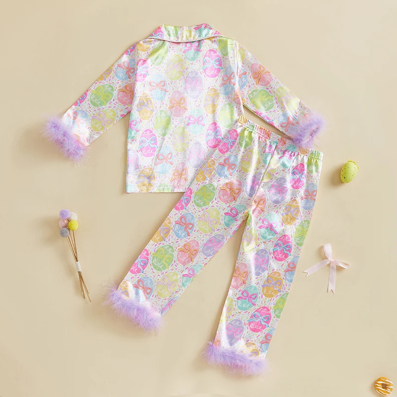 Ensemble pyjama deux pièces pour enfants filles, imprimé œufs de pâques, Patchwork de fourrure, chemises à manches longues, hauts avec pantalons, vêtements de nuit