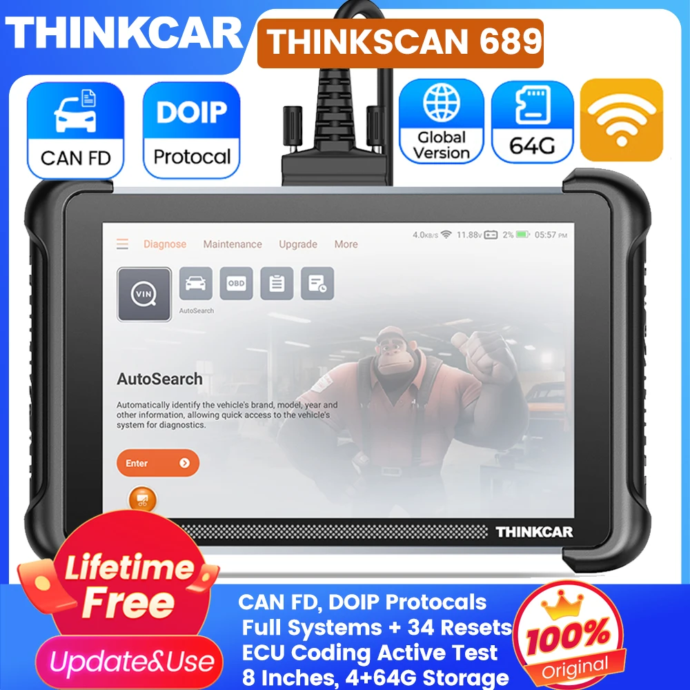 

THINKCAR THINKSCAN 689 OBD2 сканер ECU кодирование активный тест CANFD&DOIP FCA AutoAuth, 34 сброса полная диагностика системы пожизненная бесплатная