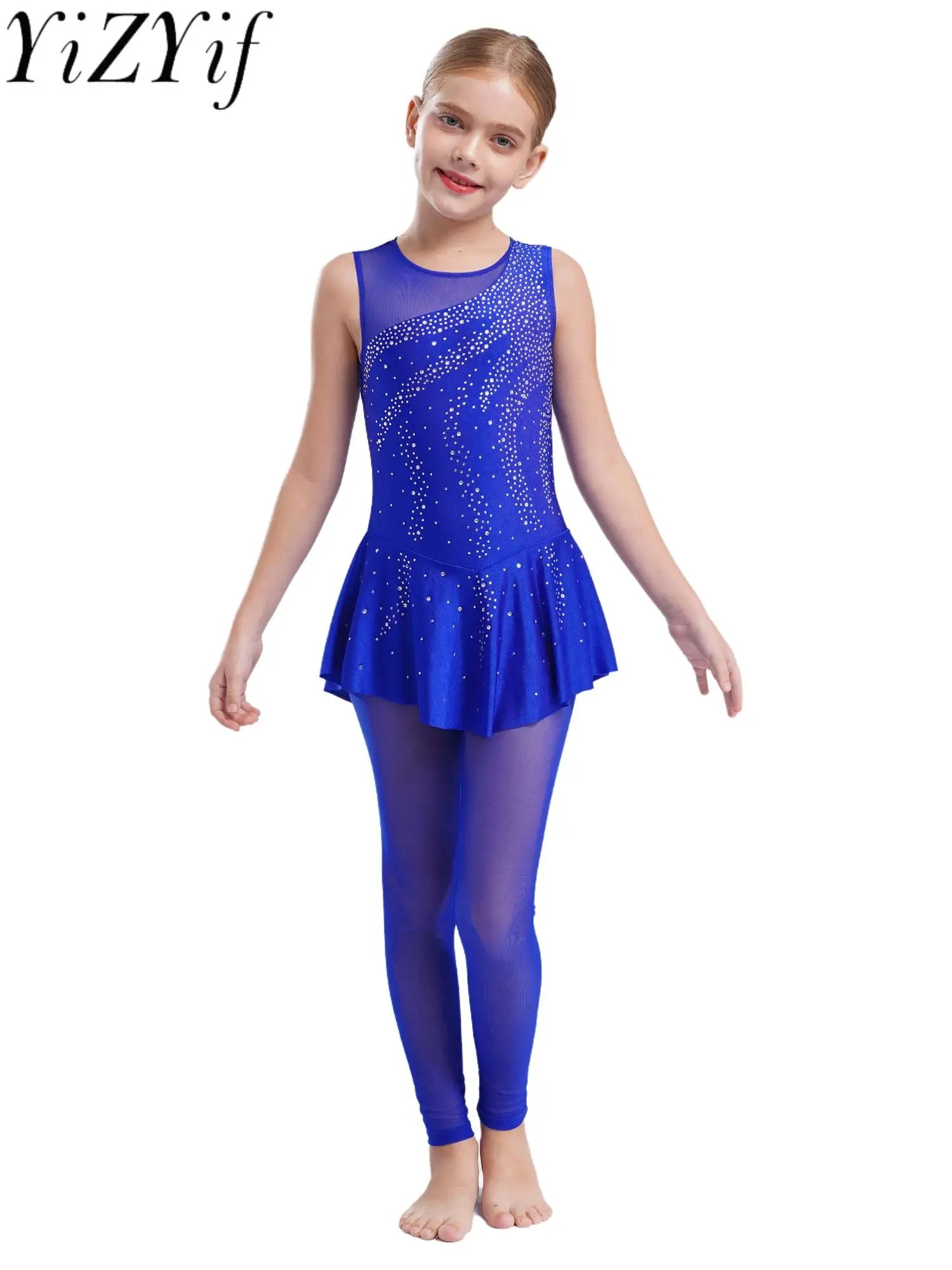 

Girls Lyrical Rhinestones Gymnastics Figure Skating Ballet Dance Skirted Bodysuit Jumpsuits Kids Ballet Stage Performance Outfit