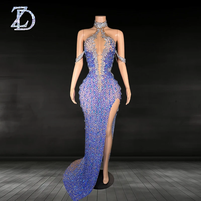 ZD, superventas, vestido de noche azul con diamantes de imitación brillantes, vestido elegante Sexy con abertura Halter, recién llegado, vestido para graduación
