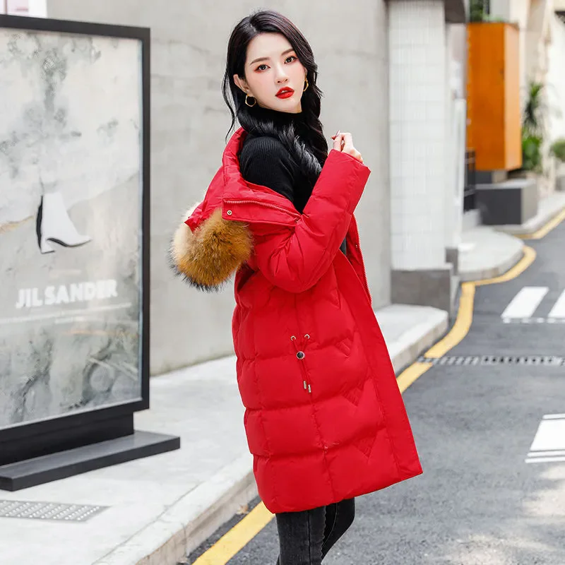 Parkas Women 2024 Winter New Fashion Slim White Duck Down Coat Female Thick Fur Collar Hooded Warm Large Size Long Down Jacket