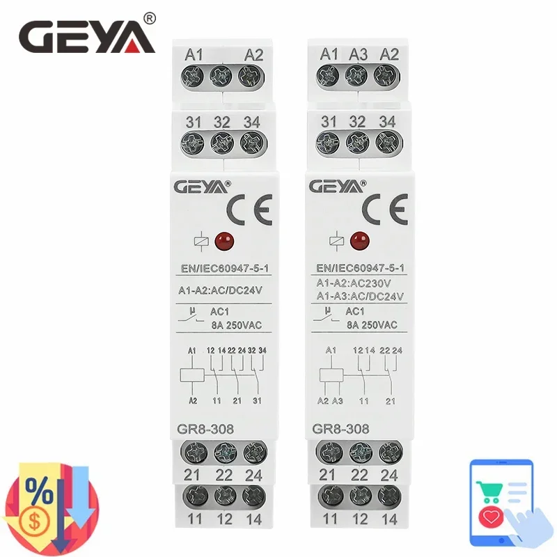 

GEYA 3SPDT Intermediate Relay Auxiliary Relay 8A Electronic Relay Switch 12V 24V 48V 110V 230V