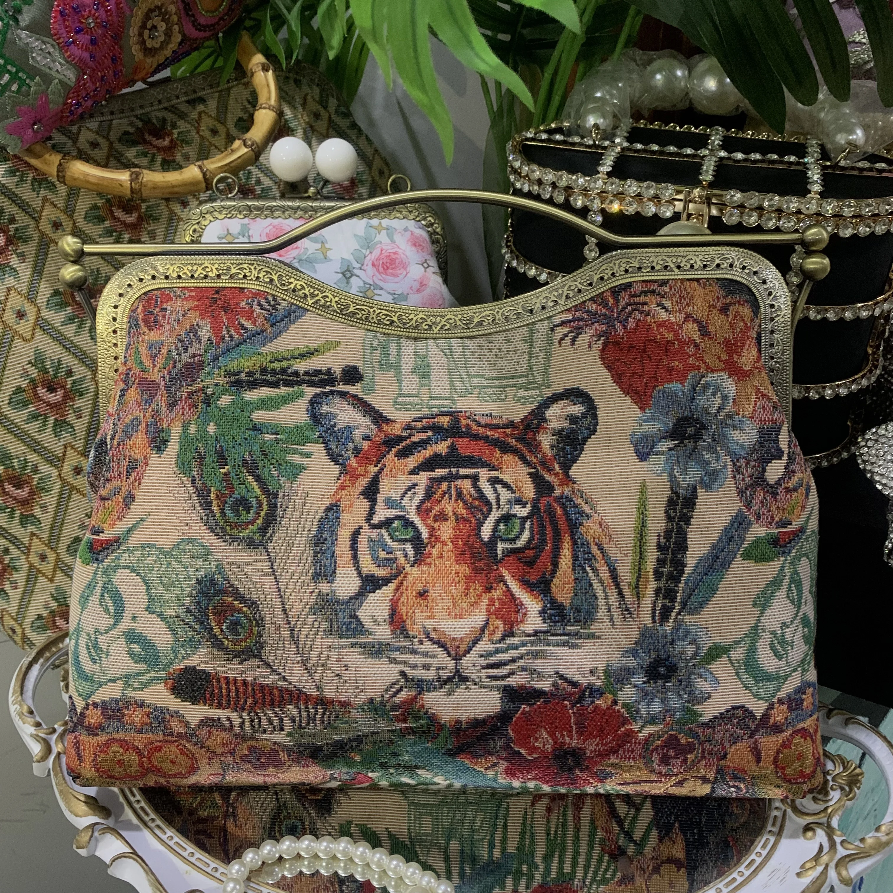 Lost in Vintage Exquisite Clutch Features  Art Tiger Anmials Tapestry Fabric that Boasts a Rich Display of Geometric