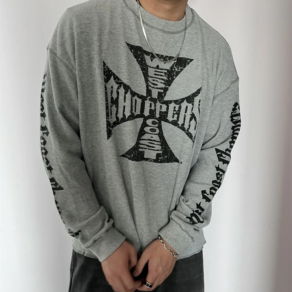New street fashion brand waffle top casual American vibe retro washed loose long-sleeved T-shirt men