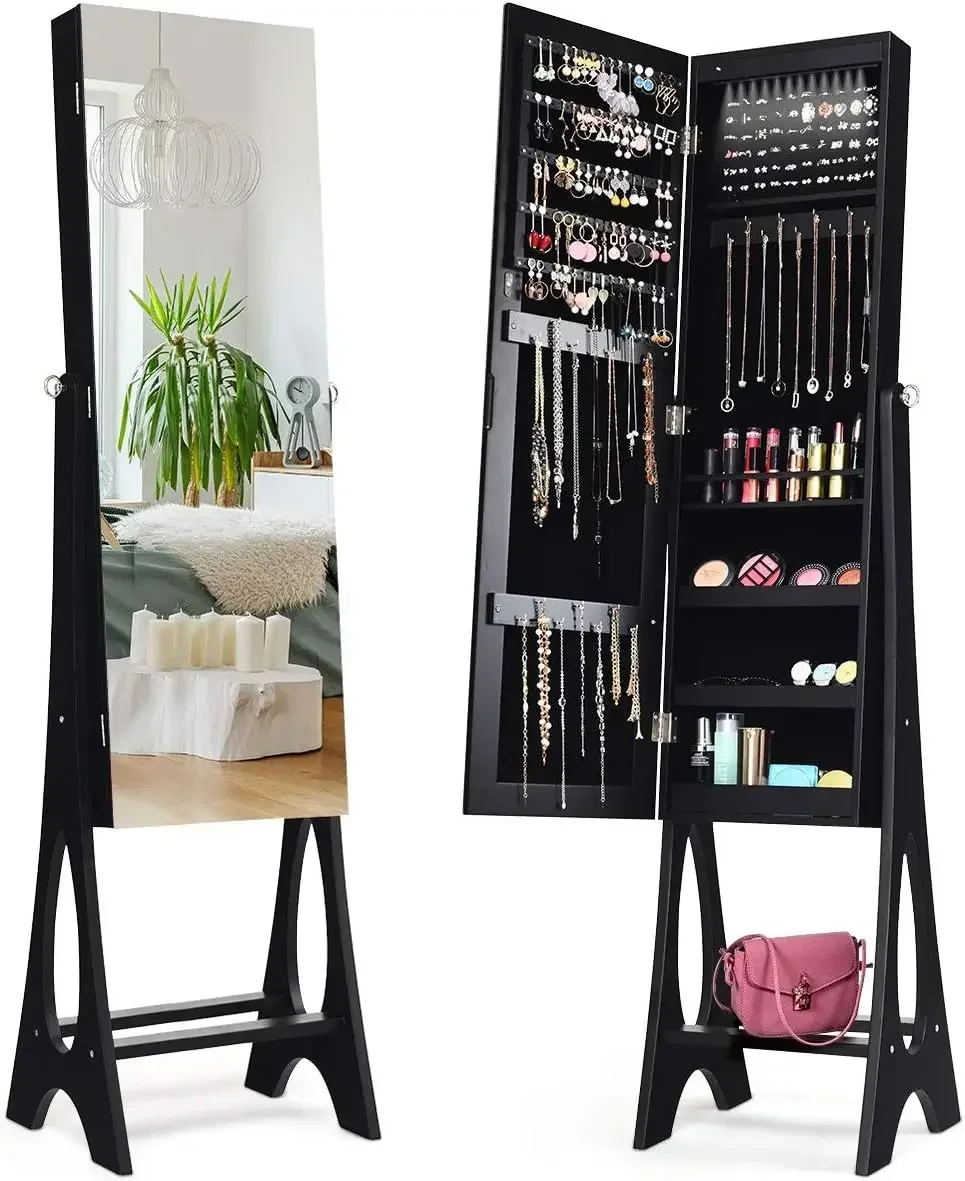 

12 LED Jewelry Armoire Cabinet with Frameless Full-length Mirror, Standing Jewelry Cabinet with 16 Lipstick Holders
