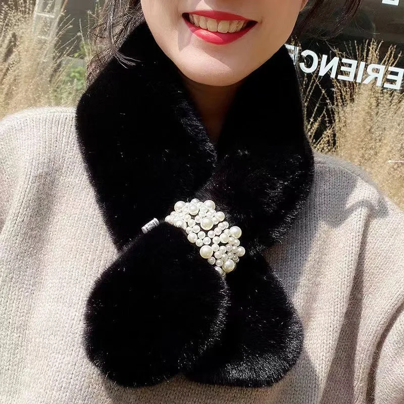 Korean Women Pearl Faux Rabbit Fur Collar Cross Plush Scarf for Female Winter Outdoor Thicken Neck Protection Warm Shawl Gifts