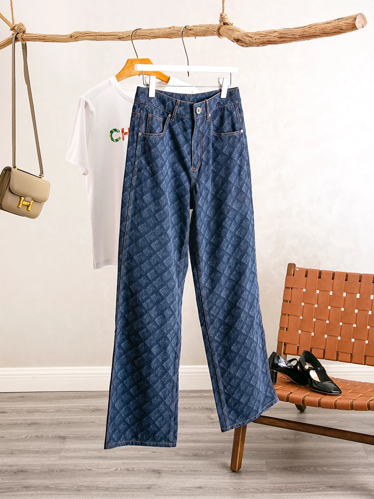 

Джинсы YongLeap с высокой талией, прямые, с ромбовидным узором, повседневные, свободного кроя, летние, новинка, женские, премиум-деним, длинные брюки
