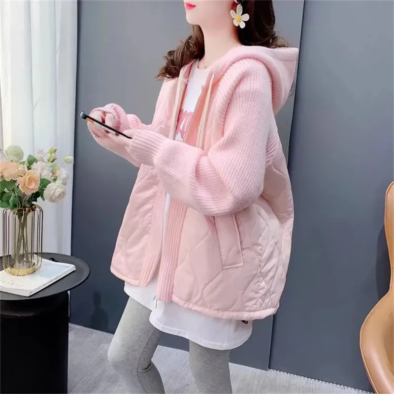 

Plus size Women's Down Cotton Jacket Splicing Hooded Sweater Coat Autumn Winter New Female Loose Cardigan Ladies Top