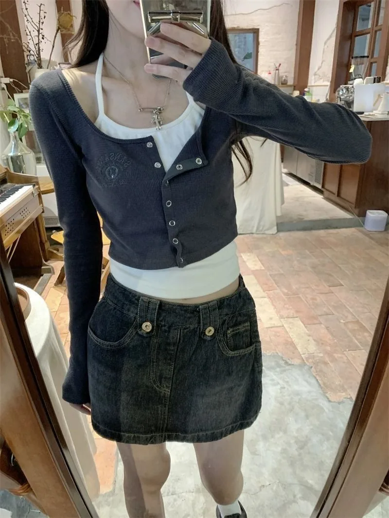 Damen Koreanischer Ins-Stil Reines Y2K Hot Girl Neckholder Langarm-T-Shirt Frühling Herbst Neues Slim-Fit Schulter-Fake-Zweiteiler-Oberteil – Detail 17