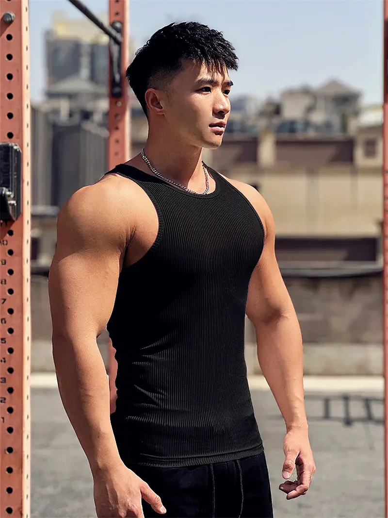 Men\'s vest Elasticity stripe Round Neck Oversized Sleeveless T-Shirt Gym Sports Fitness Running Training Bodybuilding Tank Top