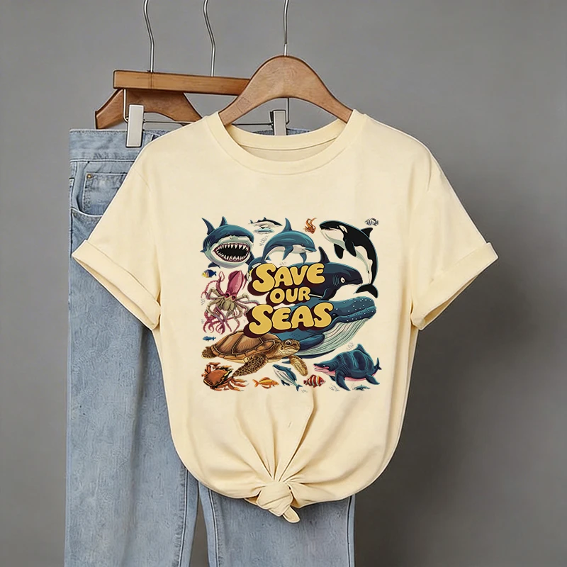 Women's Save Our Seas Print Crew Neck T Shirt Casual Short Sleeve T-shirt 90s Graphic Marine Animals Tshirt Clothes Female