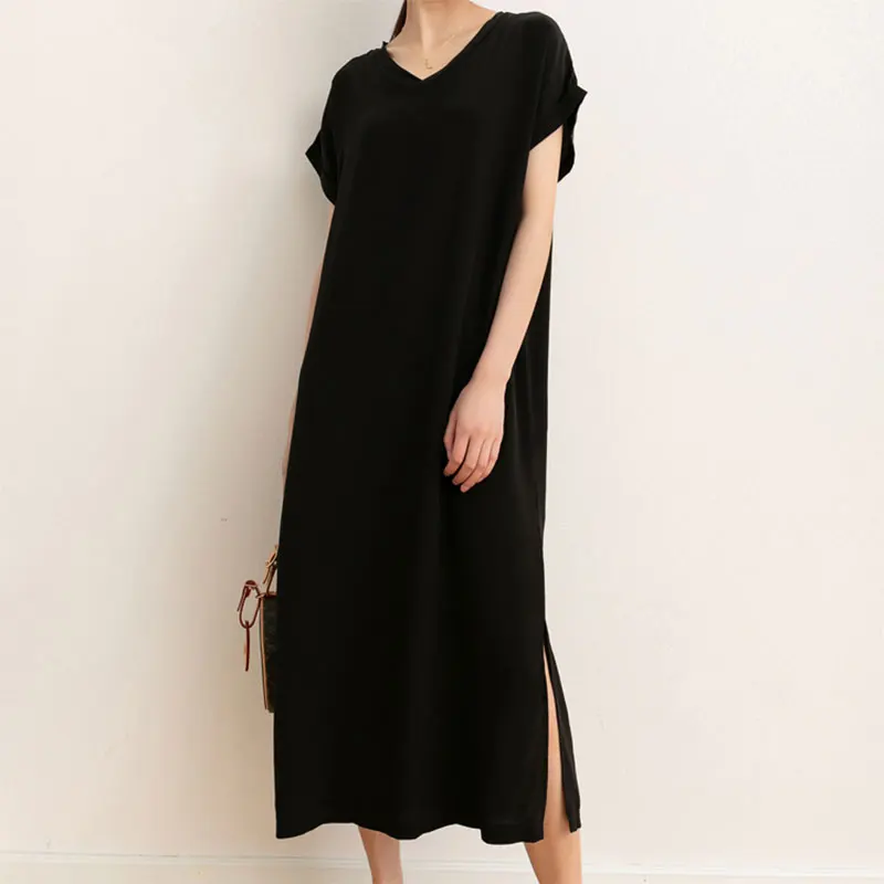 Women 100% Mulberry Silk 19 momme Thick Crepe Silk Midi Dress V neck Short Sleeve Side Slit Long Dress Office Lady L XL MM112