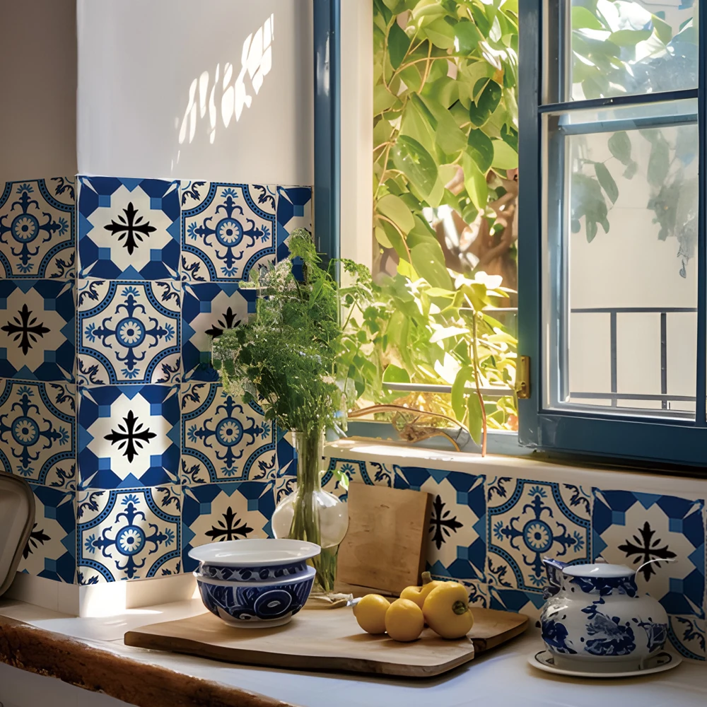 Blue Moroccan Tile for Kitchen,Peel and Stick Vinyl Backsplash Tiles Stickers,Stick on Wall Tile, Waterproof and Self-adhesive