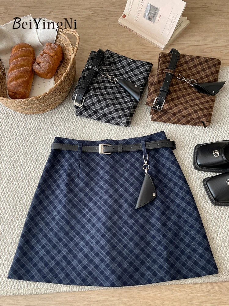 

Beiyingni New Arrival Autumn Mini A-line Skirt Women Belted Vintage Plaid High Waist Lining Korean Chic Short Skirts Female Jupe