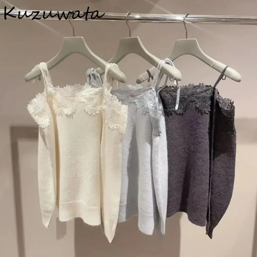 Kuzuwata Luxury Sweet Slash Neck Long Sleeve Pullover Knit Laces Patchwork Knitted Japan Embroider Off Shoulder Wool Sweaters