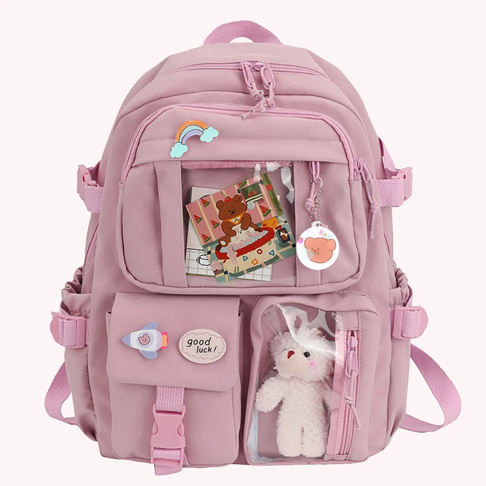 

College Student Rucksack Fashion School Backpack Nylon with Plush Pendant Pin Kawaii Large Capacity Japanese Style for Vacations