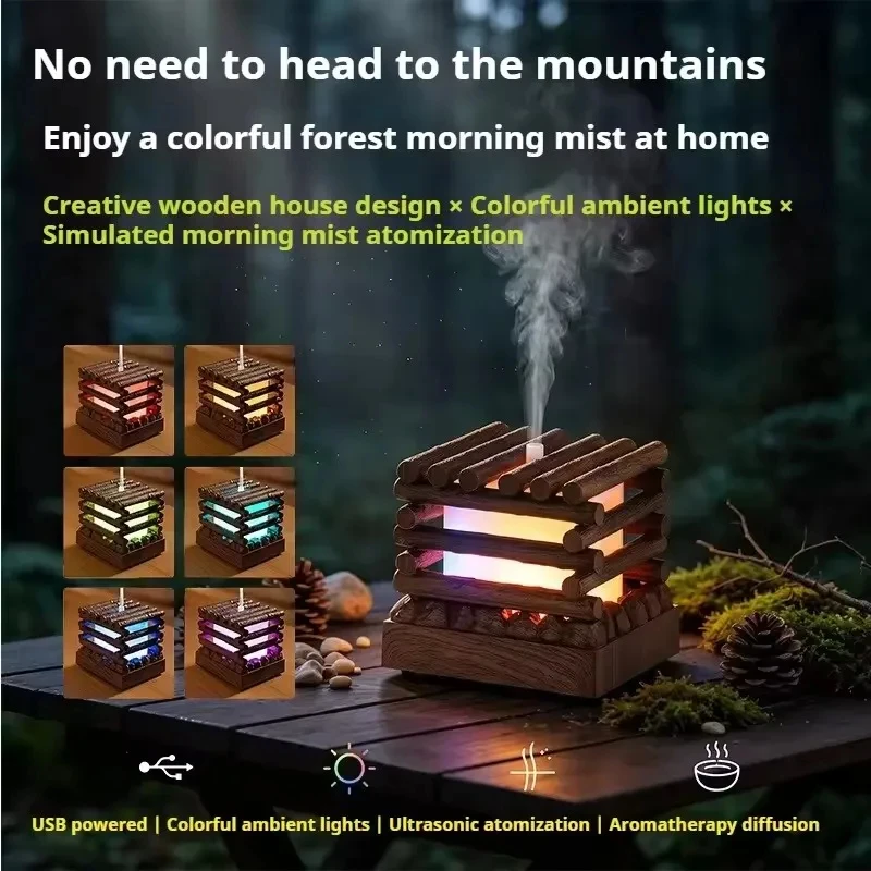 Simulated Firewood Cabin Aroma Diffuser Ultrasonic Atomization with Color Gradient Ambient Light for Home Bedroom Decor