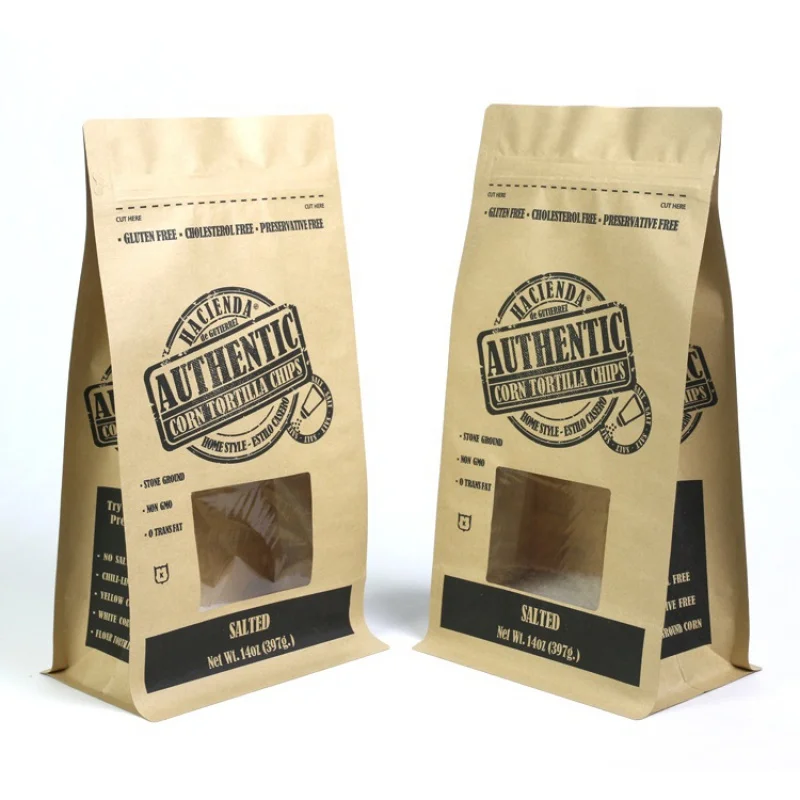 Customized product、factory price kraft paper potato chips packaging box pouch tortilla chips snacks zipper flat bottom bag