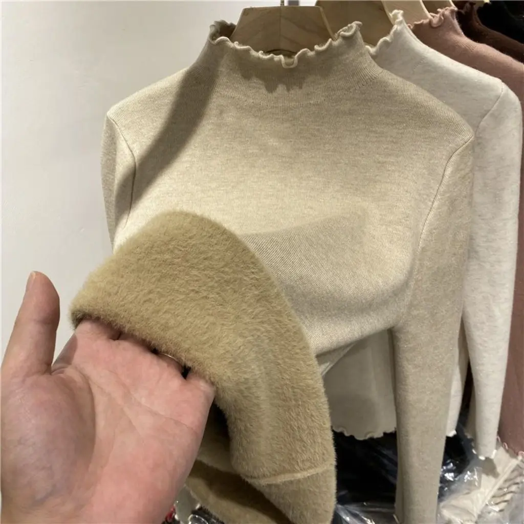 

Women's Solid Color Fleece-Lined Thickened Knitted Long-Sleeved Shirt Wood Ear Edge One-Piece Base Top Trendy Spring Arrival