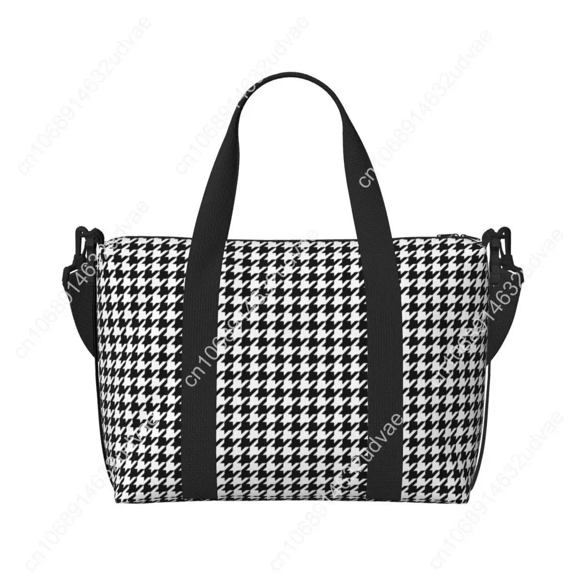 Custom Houndstooth Black And White Checkered Beach Tote Bag for Dogstooth Geometric Large Compartment Beach Gym Travel Bags