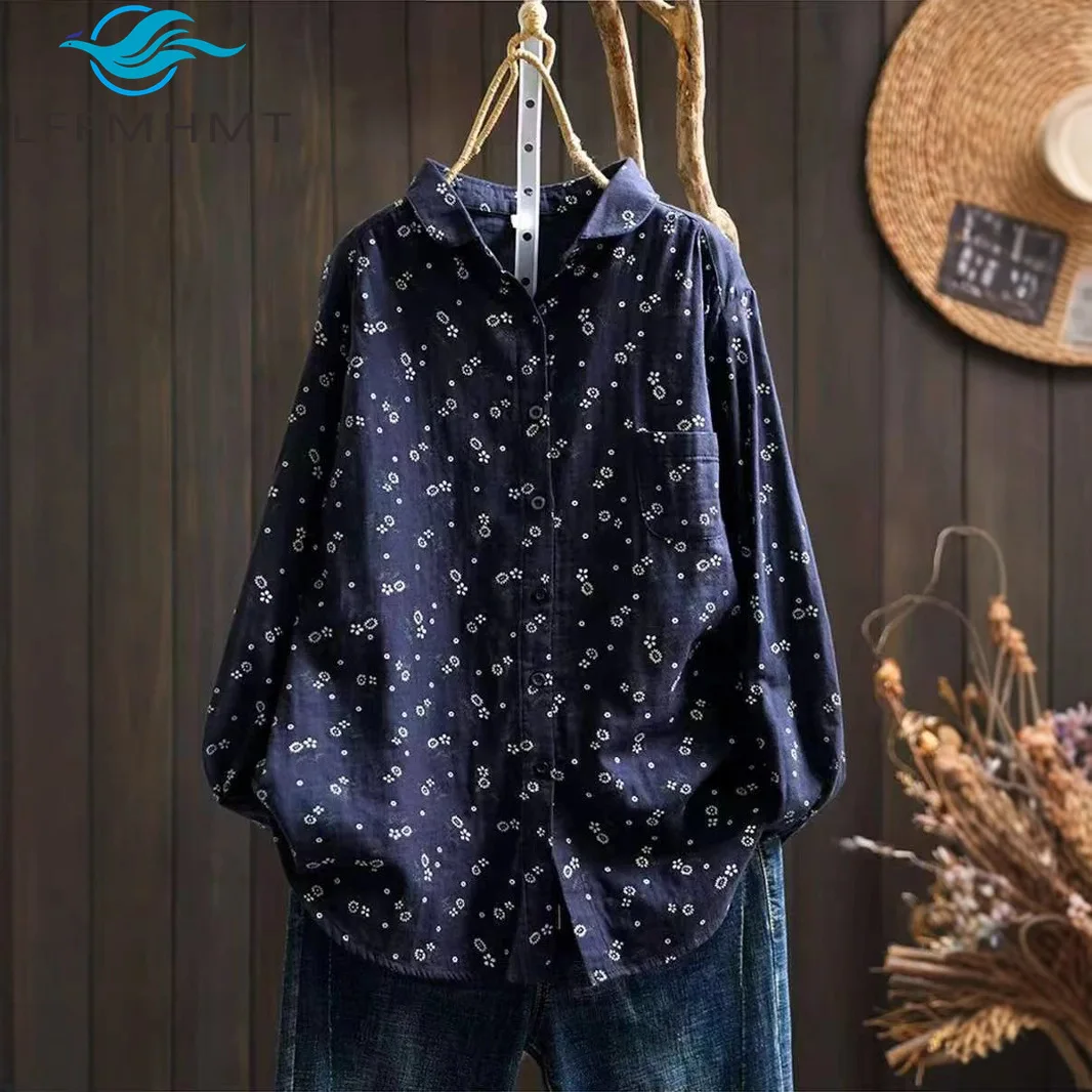 

Floral Print Double Yarn Long Sleeve Casual Shirt for Women Spring Fall Fashion Soft Comfortable Simple Basic Blouse Female Tops