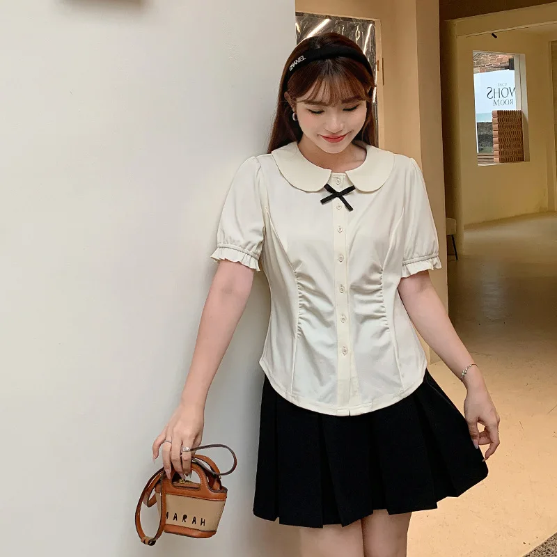 French college style age reducing doll neck top, suitable for plus size girls, slim fit and slimming short bubble sleeve shirt