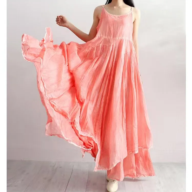 Vestido Longo de Linho Assimétrico de Camada Dupla com Alça e Barra Ampla, Estilo Artístico de Cor Pura, Novo para o Verão