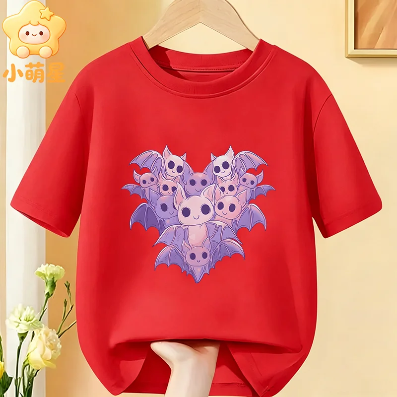 Boys Girls Halloween Party T‑Shirt Adorable Pastel Bats in Heart Shape Graphic Pure Cotton Short Sleeve Casual Children Top Tee