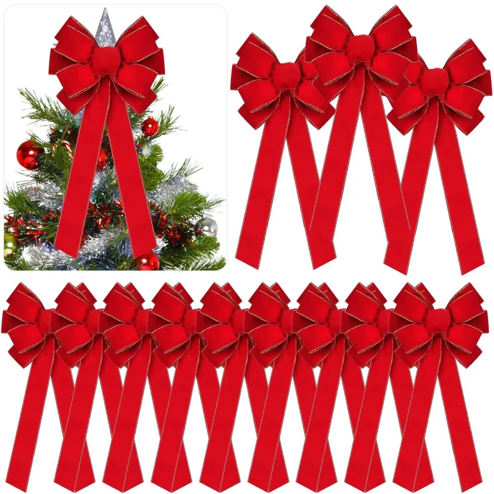 

20 Pcs Extra Large Christmas Red Bows 15 x 44 inch and Big 10 x 26 inch Red Bow with Gold Edge Handmade Velvet Wreath Bow