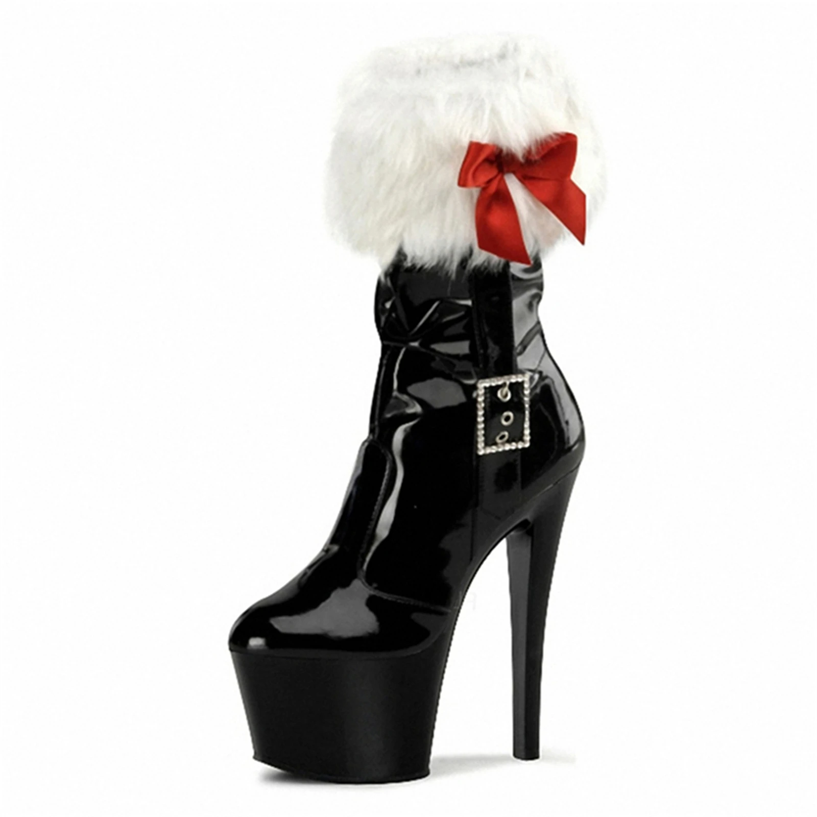 

17CM Extreme Platform Ankle Boots Women Red Glossy Leather Bow Fur Trim Silver Buckle Stiletto Heels Party Club Shoes