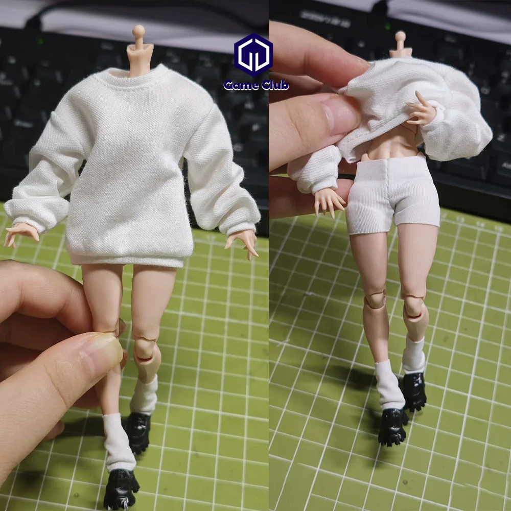 Romankey 1/12 Female Soldier White Ice Silk Round Neck Sweater Hoodies Tight Shorts Plush Scarf Set For 6in Action Figures Model