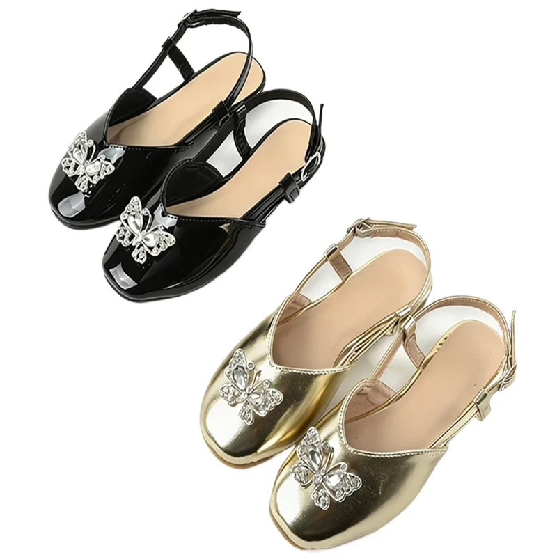 New Kids Sandals PU Leather Bow Butterfly Summer Outdoor Flat Sandal Shoes For Girls Toddler Party Princess Rhinestone Shoes