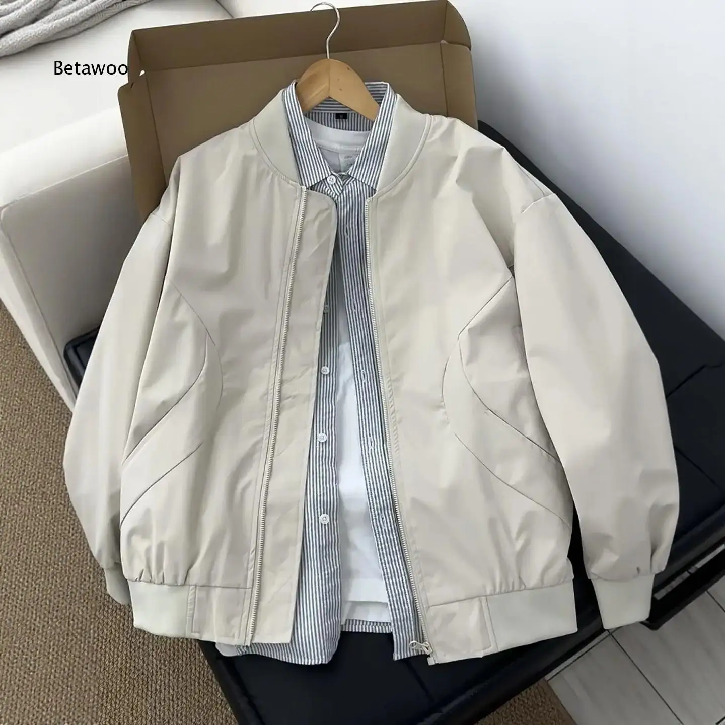 Men Ribbed Collar Zip Up Bomber Jacket Loose Fit Outerwear for Spring Autumn Business Daily Casual Wear