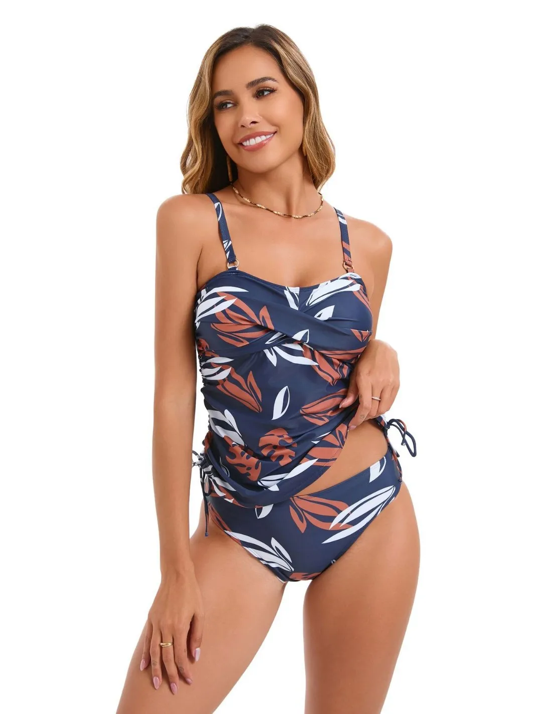 Sexy High Waist Two Piece Bikini Leaf Print Sling Swimsuit Cross Gather Summer Beach Drawstring Swimwear Brazilian Swimsuit 2025