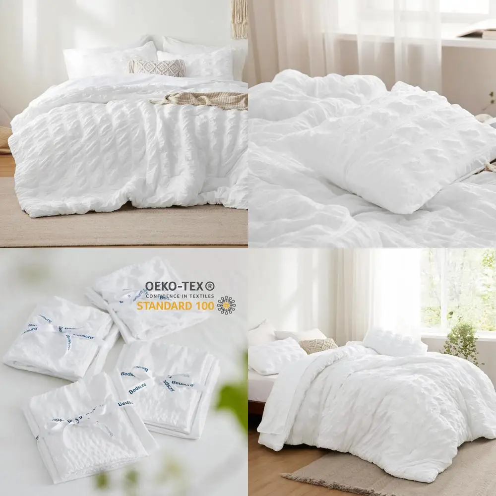 

Queen Size Plaid Seersucker Comforter Set - 7-Piece Boho White Bedding with Sheets, Pillowcases, and Shams