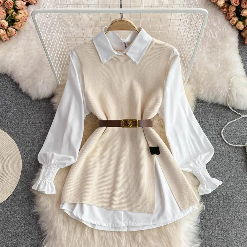 Fashion Korean Women Shirt Vest Belt Set Office Lady Lapel Lantern Sleeves White Shirt Knitting Waistcoat Belt Two-piece Set