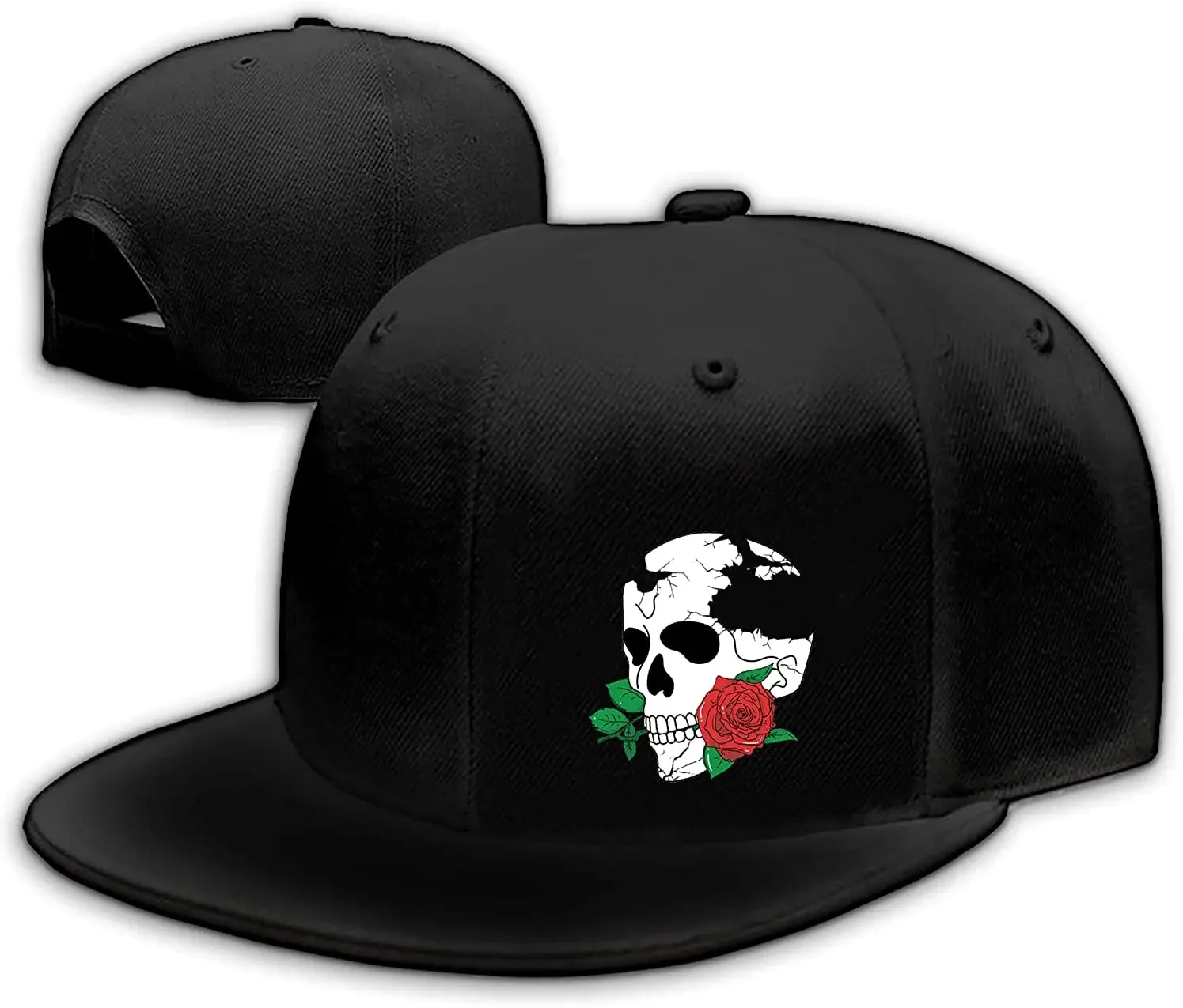 Skull and Rose Flat Bill Hats Black Baseball Caps Mens Snapback Hats Flat Brim Snap Backpack Hat for Boy Fitted Hiking Hat