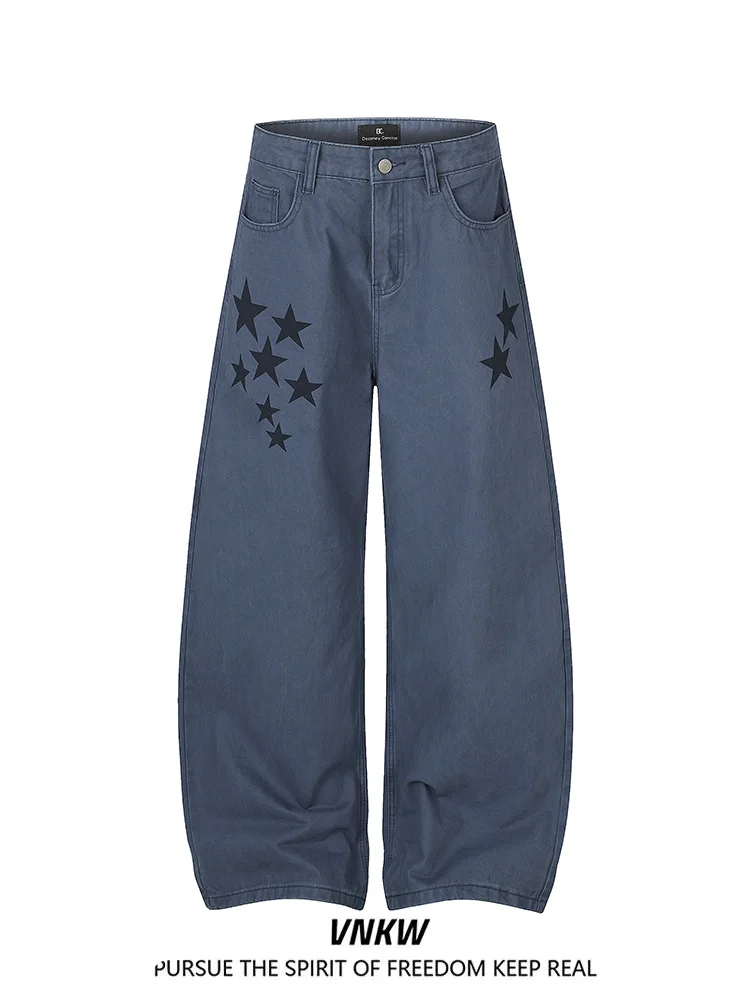 Calça Jeans Masculina e Feminina Estilo Americano com Estampa de Estrelas, Perna Larga, Solta, Reta, Casual, Tendência de Mar...